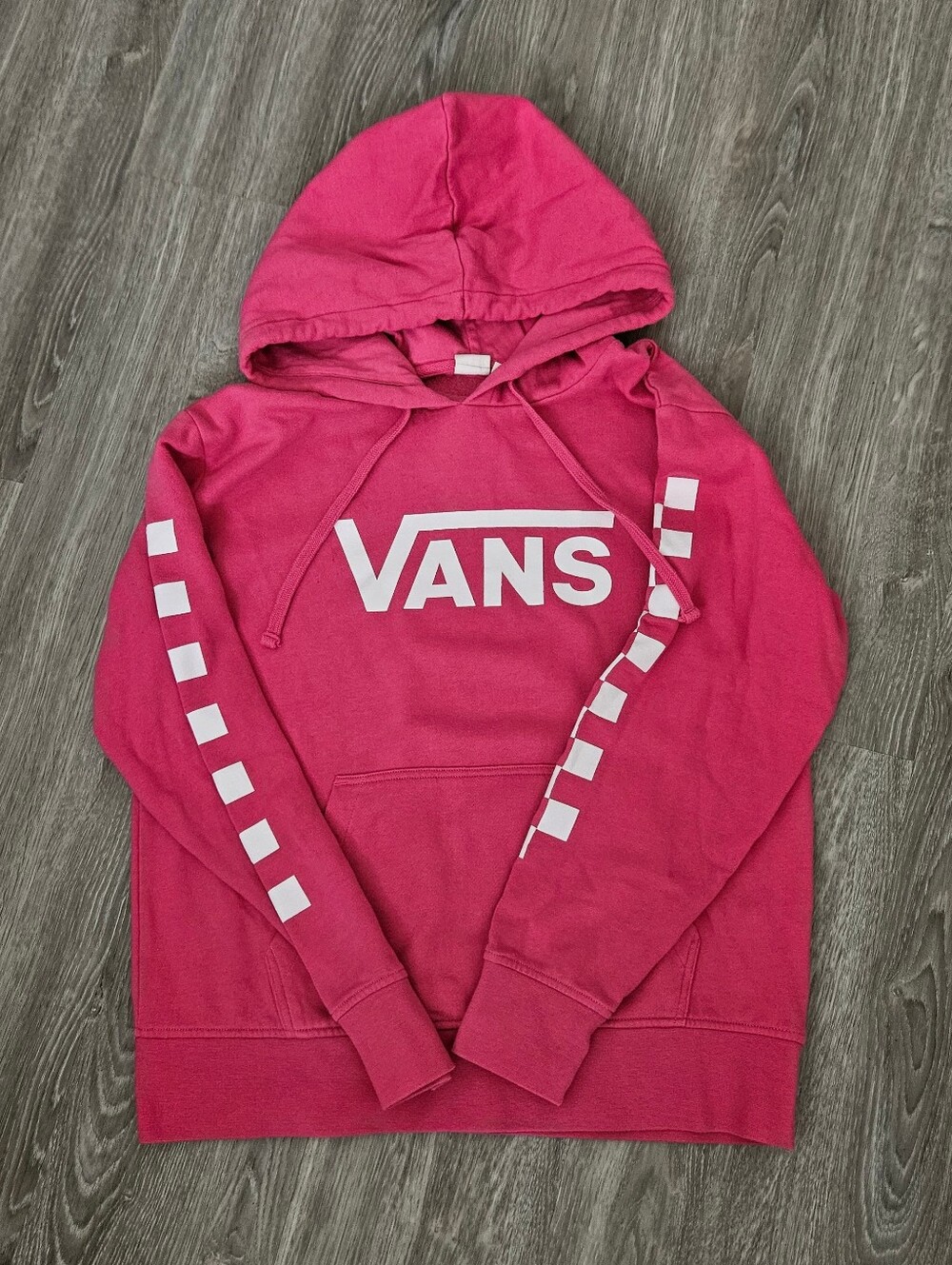 Vans Pink Hoodie with White Logo and Checker Sleeves